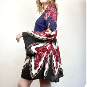 Free People Free Falling Tapestry Long Bell Sleeve Mini Dress in Navy Black